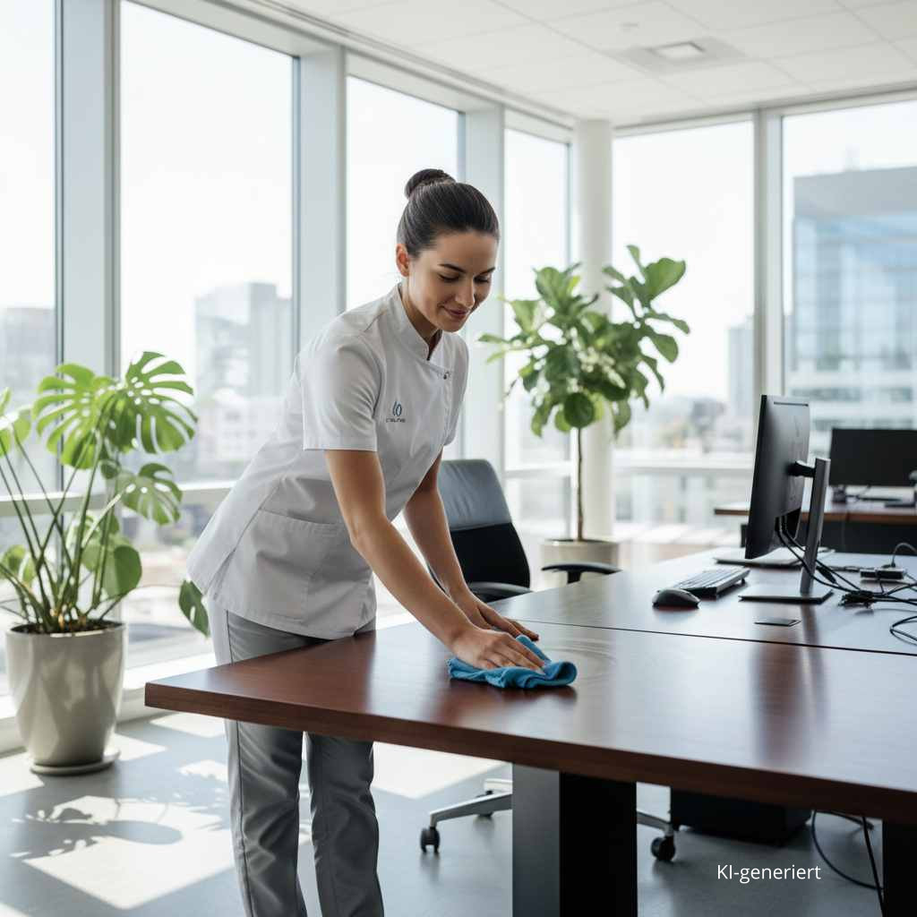 Büroreinigung: Eine Reinigungskraft reinigt die Schreibtische und Bueroraeume.